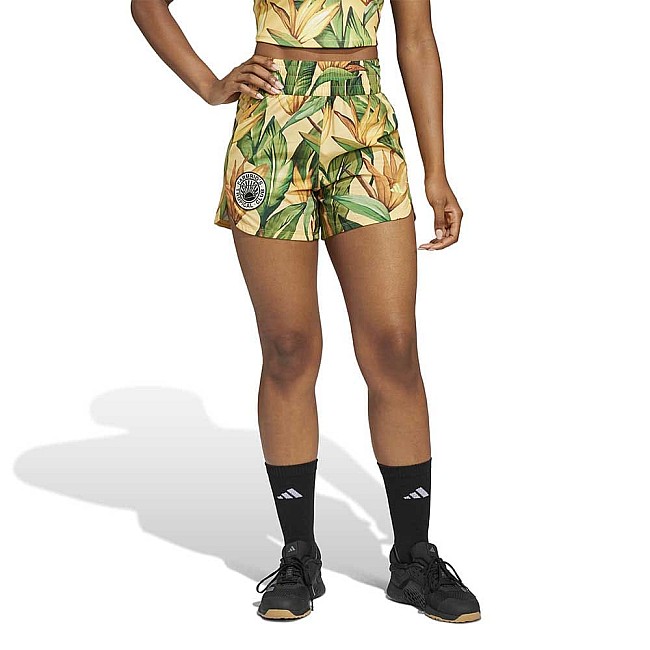 ДАМСКИ КЪСИ ПАНТАЛОНИ ADIDAS JD6278 FARM SHORTS ЗЕЛЕНИ/ЗЛАТИСТИ