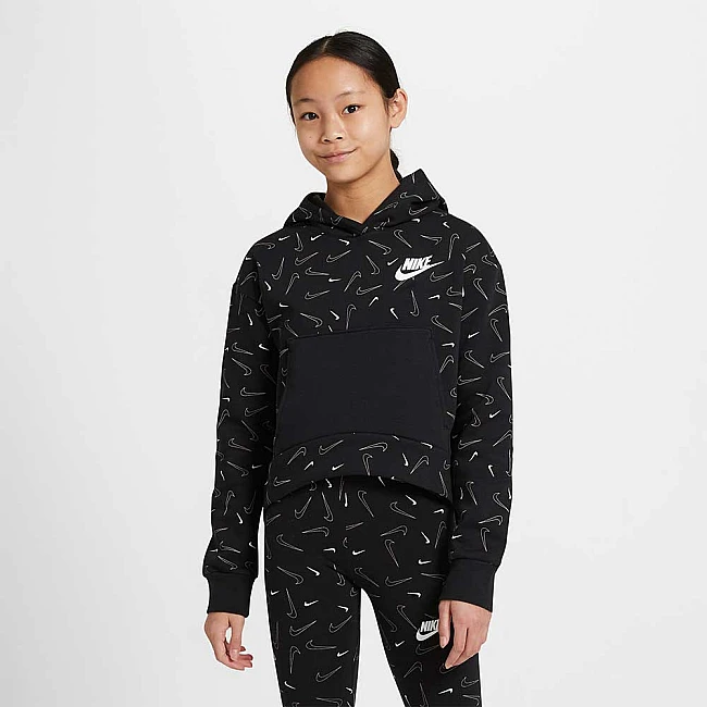 ДЕТСКА БЛУЗА ЗА МОМИЧЕ NIKE NSW FLC AOP HOODIE BLACK/WHITE