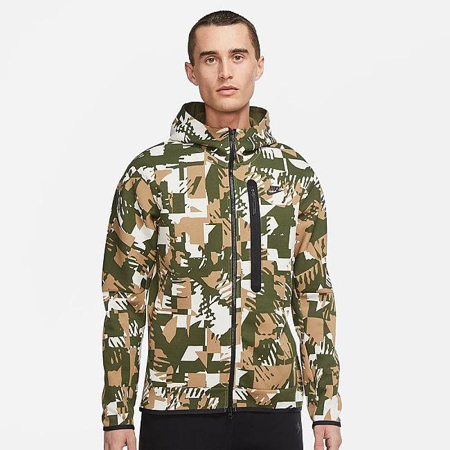 МЪЖКО ГОРНИЩЕ NIKE NSW TCH FLC AOP FZ HOODIE LT BONE/GREEN