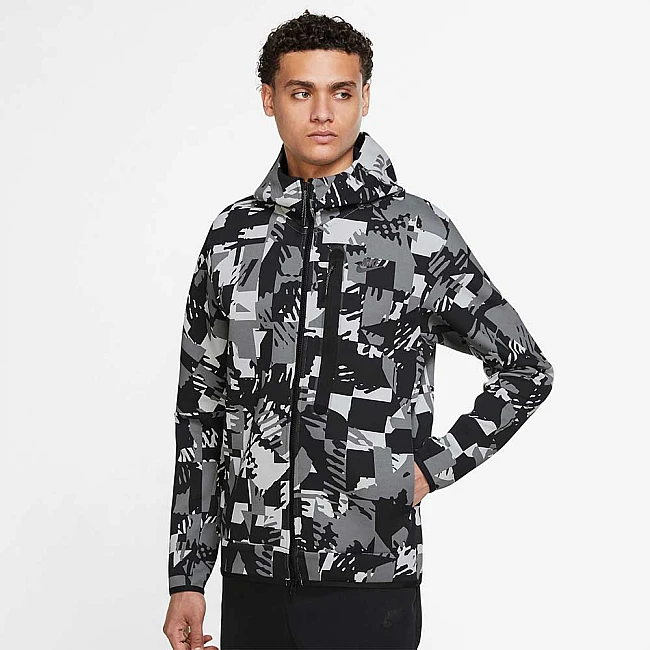 МЪЖКО ГОРНИЩЕ NIKE NSW TCH FLC AOP FZ HOODIE LT SMOKE GREY