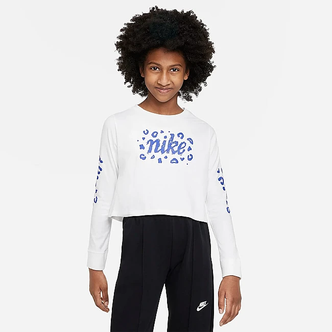 ДЕТСКА БЛУЗА ЗА МОМИЧЕ NIKE NSW TEE ICON CLASH LS CROP WHITE