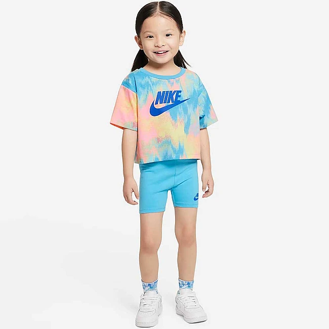 БЕБЕШКИ СПОРТЕН ЕКИП ЗА МОМИЧЕ NIKE BOXY TEE AND BIKE SHORT SET BLUE