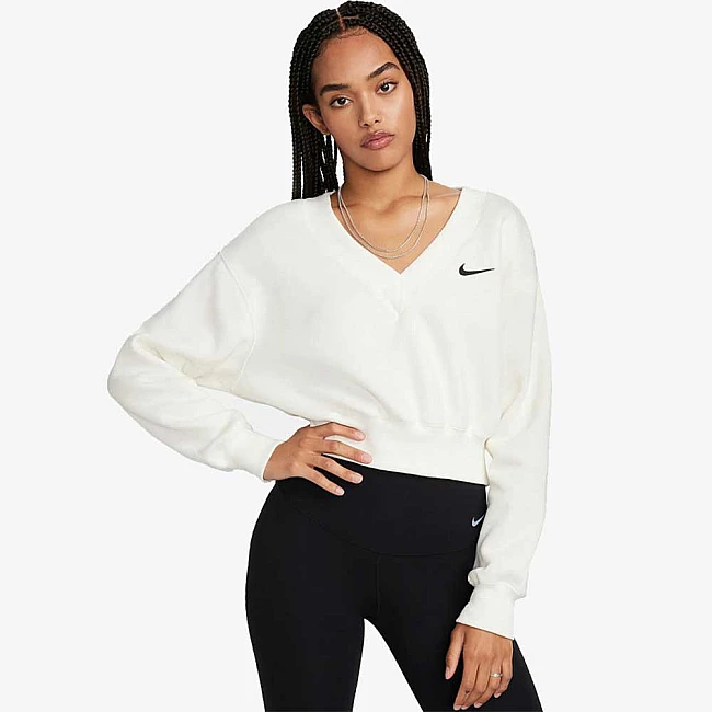 ДАМСКА БЛУЗА NIKE NSW PHNX FLC CROP VNECK БЕЖОВА