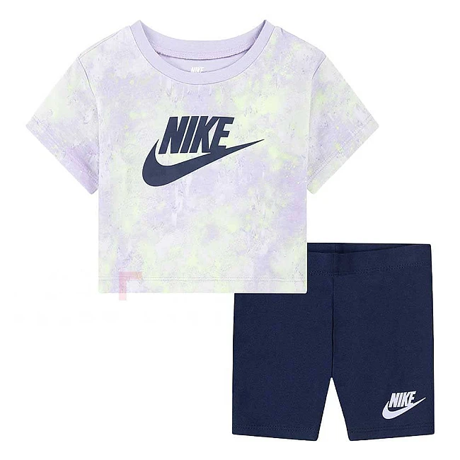 БЕБЕШКИ СПОРТЕН ЕКИП ЗА МОМИЧЕ NIKE G BOXY TEE & BIKE SHORT БЛЕДОЛИЛАВ/ТЪМНОСИН