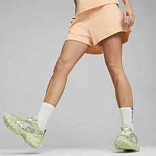 ДАМСКИ КЪСИ ПАНТАЛОНИ PUMA 62425445 CLASSICS RIBBED A-LINE SHORTS ПРАСКОВЕНИ