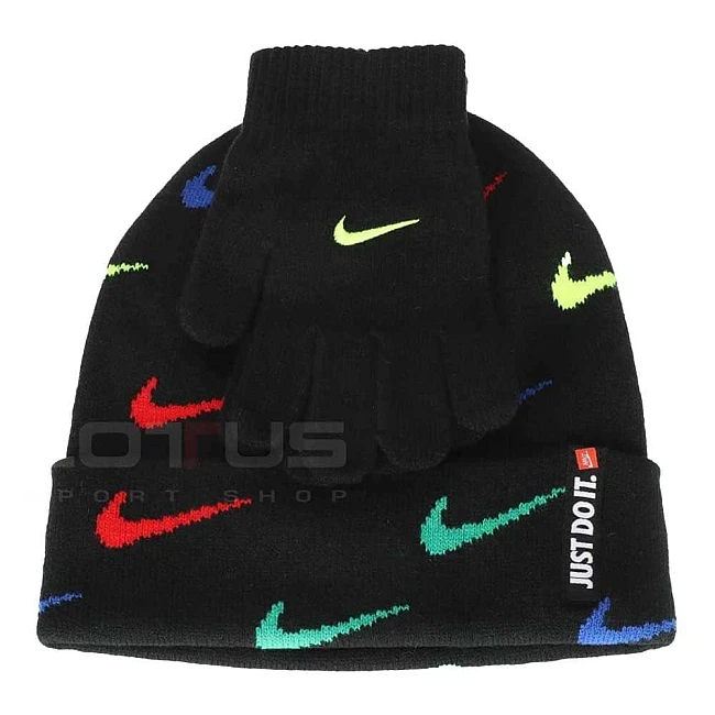 ДЕТСКА ЗИМНА ШАПКА И РЪКАВИЦИ NIKE 9A2988-K90 SWOOSH REPEAT BEANIE SET ЧЕРНИ