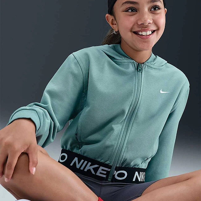 ДЕТСКО ГОРНИЩЕ ЗА МОМИЧЕ NIKE HQ9312-017 PRO DF FZ FLC HDY ЗЕЛЕНО