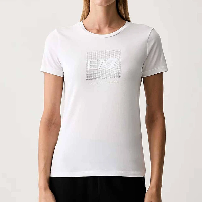ДАМСКА ТЕНИСКА EA7 EMPORIO ARMANI 7W001405-U0002 LOGO SERIES W TEE SS STRASS BOX CROSSOVER БЯЛА