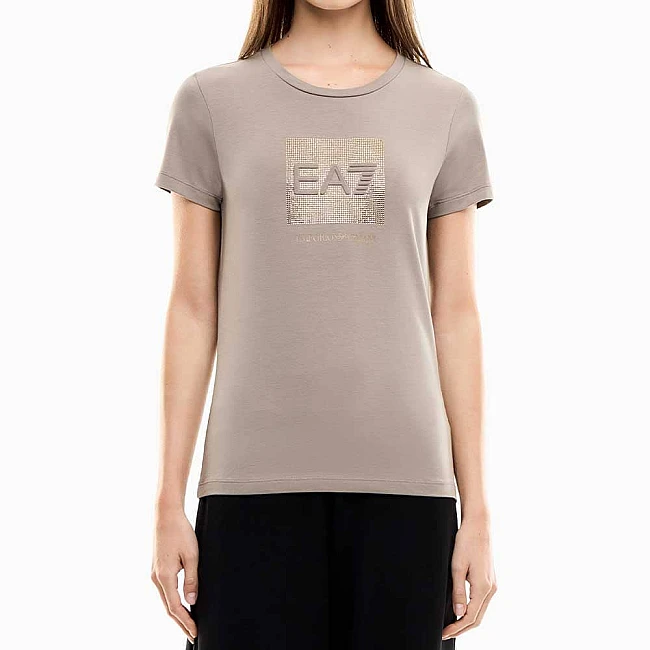 ДАМСКА ТЕНИСКА EA7 EMPORIO ARMANI 7W001405-U6100 LOGO SERIES W TEE SS STRASS BOX CROSSOVER КАФЯВА