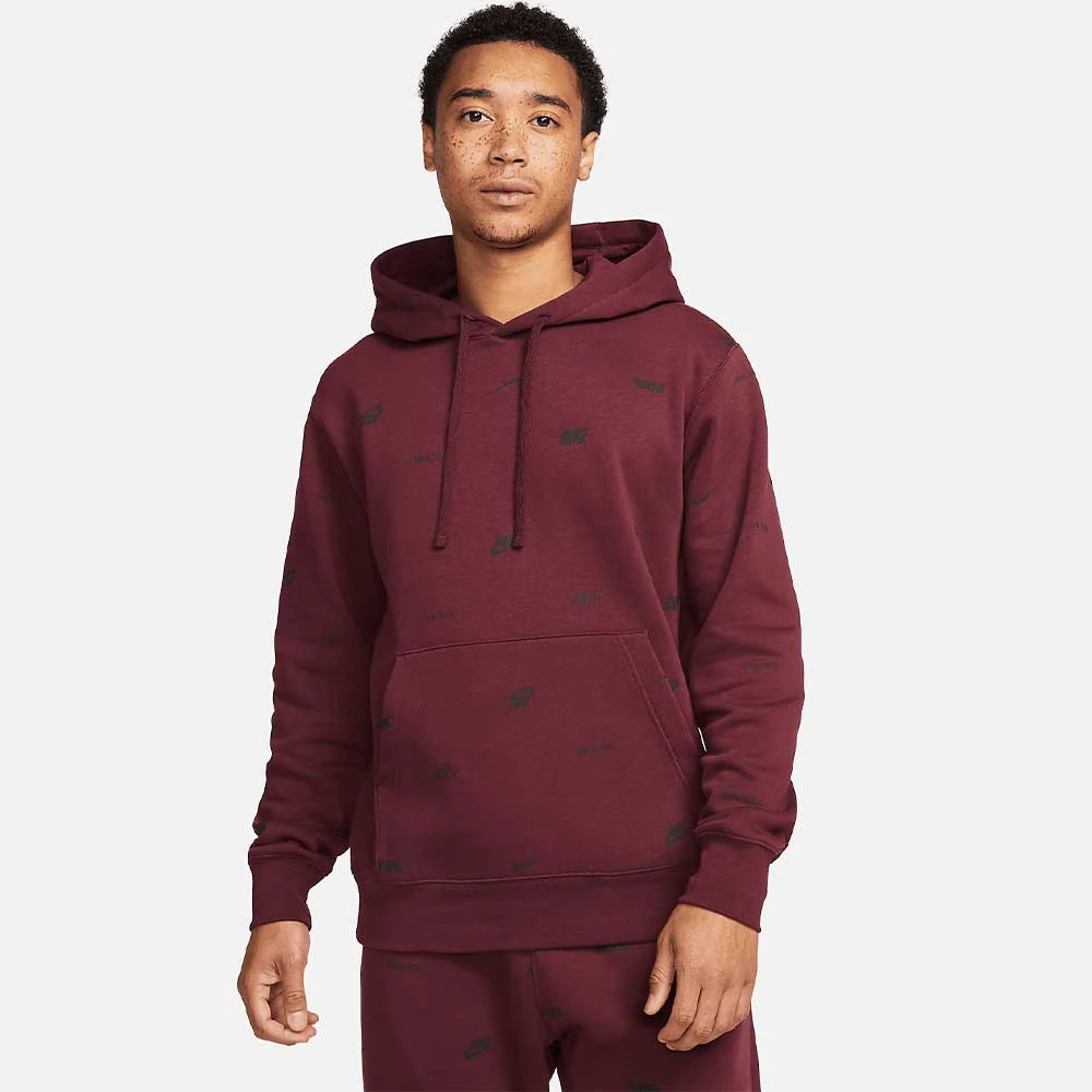 МЪЖКИ СУИТШЪРТ NIKE CLUB+ BB PO AOP HOODIE NIGHT MAROON - lotus-sport.bg