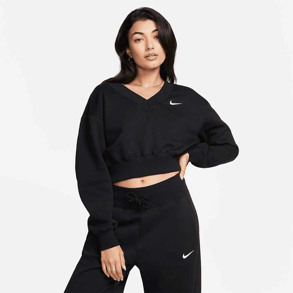ДАМСКА БЛУЗА NIKE NSW PHNX FLC CROP VNECK ЧЕРНА - lotus-sport.bg