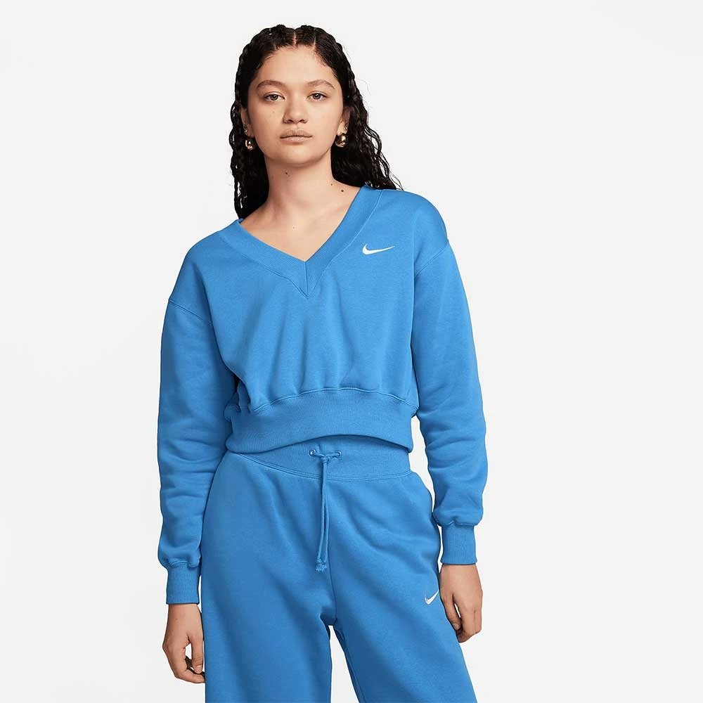 ДАМСКА БЛУЗА NIKE NSW PHNX FLC CROP VNECK СИНЯ - lotus-sport.bg