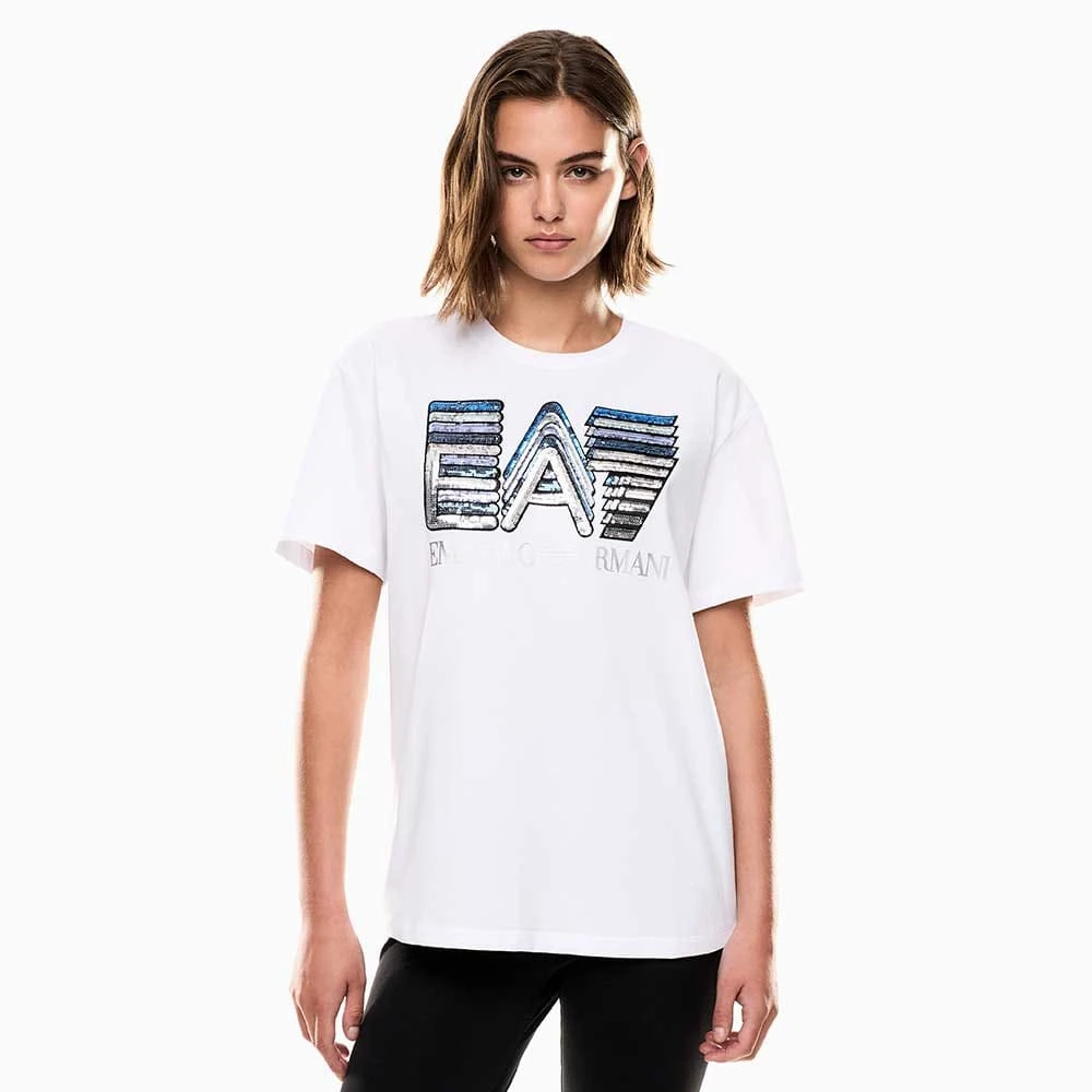 ДАМСКА ТЕНИСКА EA7 EMPORIO ARMANI 7W000724-U0002 LOGO SERIES TEE SS MAXI LOGO SEQUINS CROSSOVER БЯЛА - lotus-sport.bg