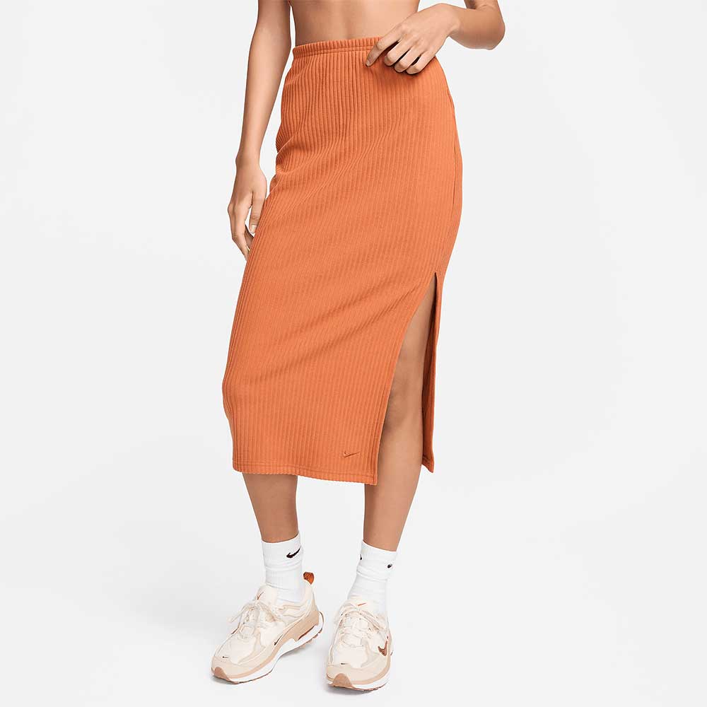 ДАМСКА ПОЛА NIKE NSW CHLL KNT RIB MD SKIRT ОРАНЖЕВО-КАФЯВА - lotus-sport.bg