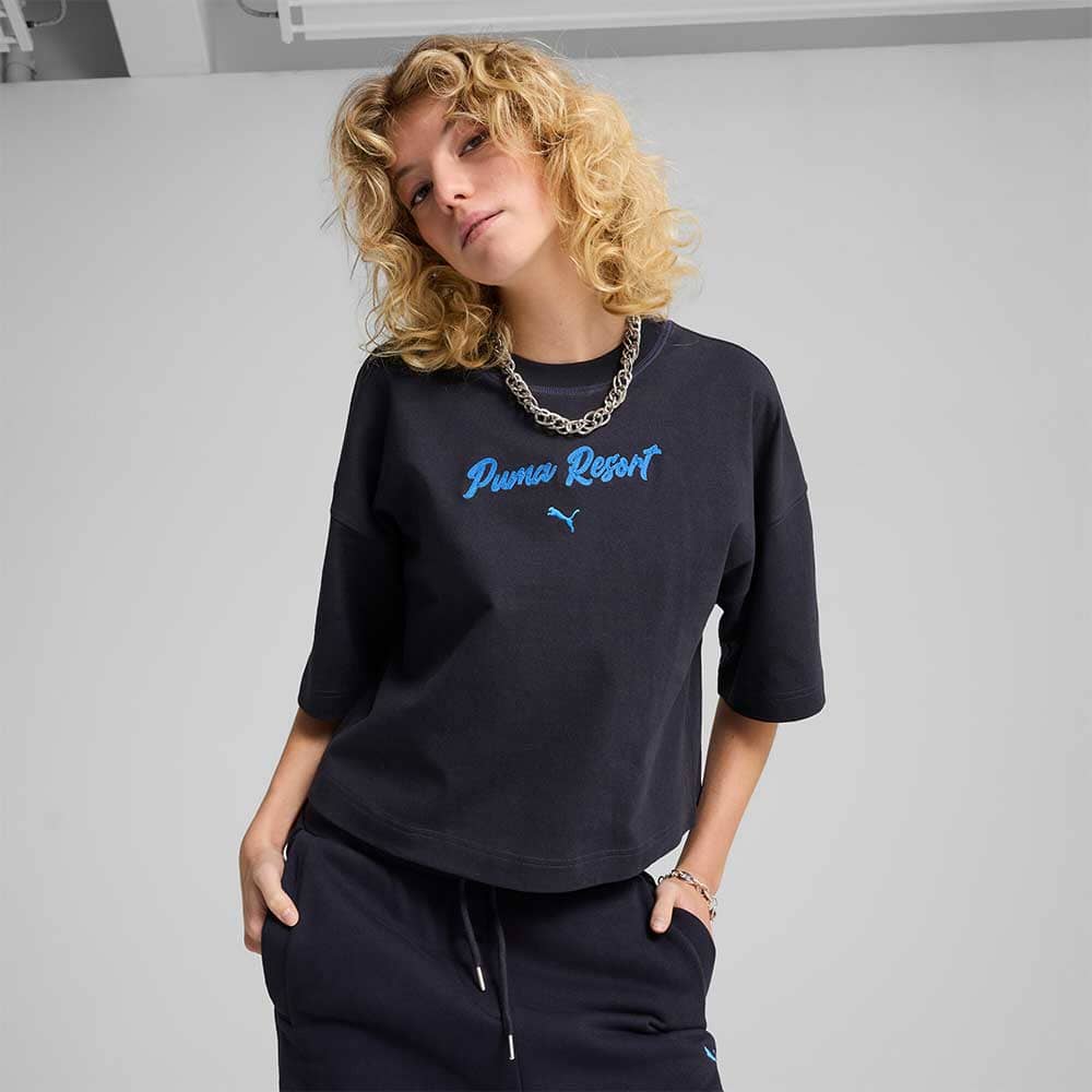 ДАМСКА ТЕНИСКА PUMA 62977616 PREMIUM ESS OVERSIZED GRAPHIC TEE ТЪМНОСИНЯ - lotus-sport.bg