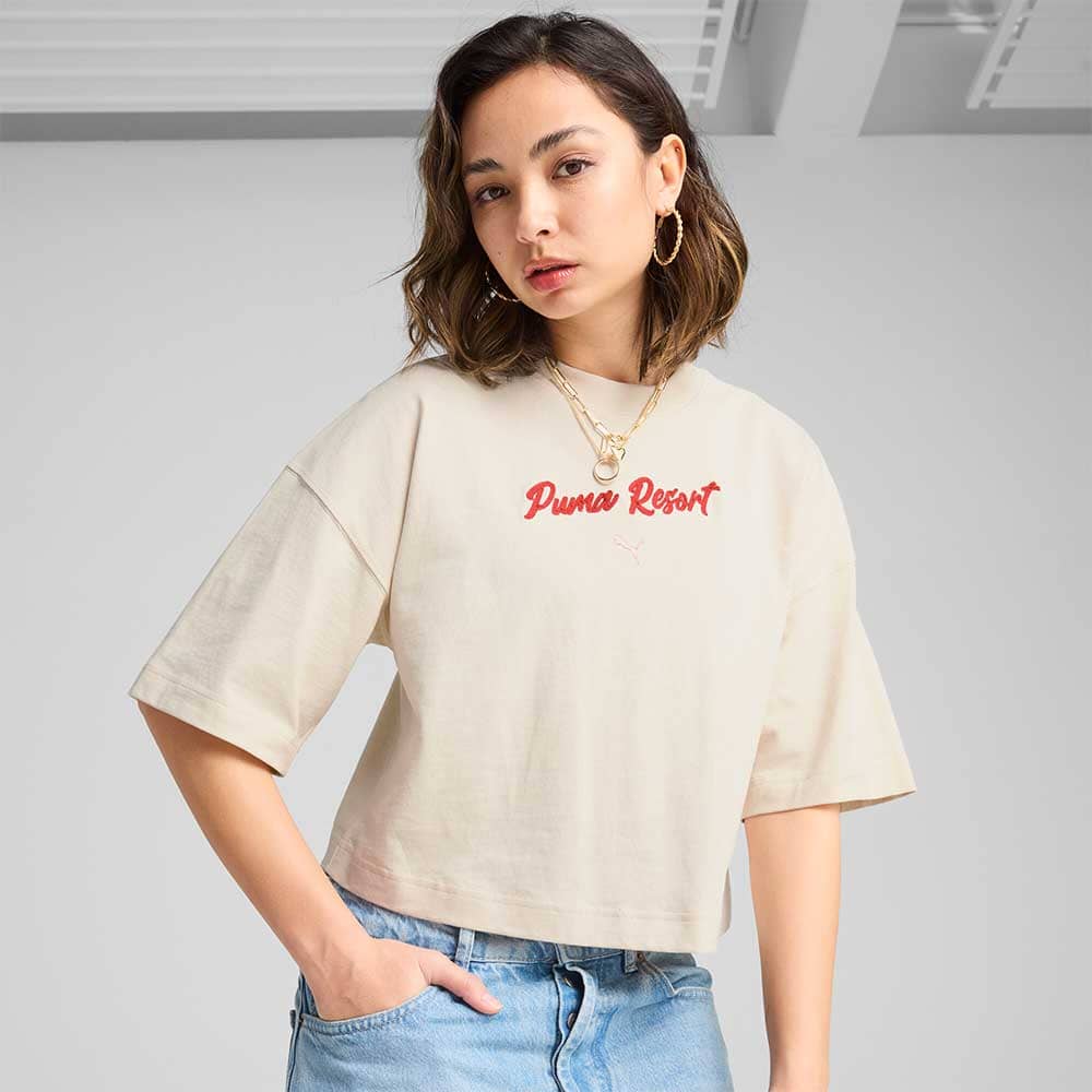 ДАМСКА ТЕНИСКА PUMA 62977687 PREMIUM ESS OVERSIZED GRAPHIC TEE БЕЖОВА - lotus-sport.bg