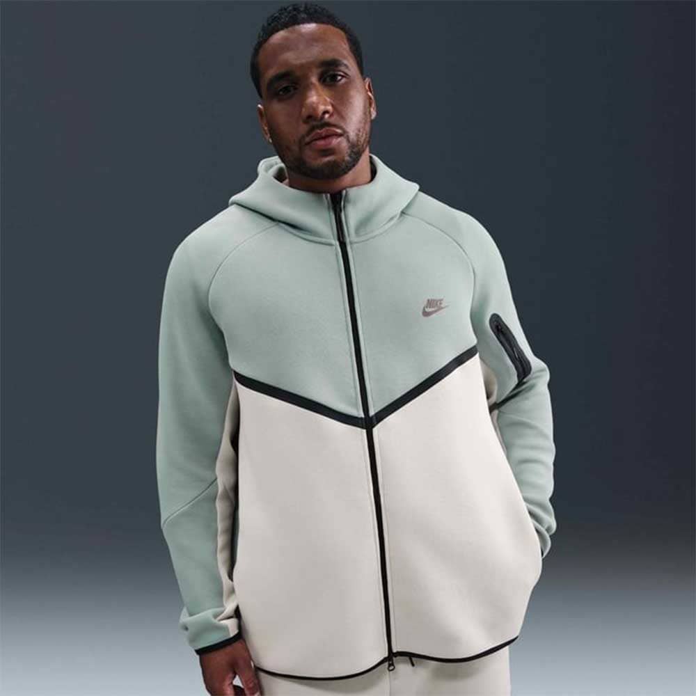 МЪЖКО ГОРНИЩЕ NIKE HV0949-020 TCH FLC FZ WR HOODIE СИВО-ЗЕЛЕНО/БЕЖОВО - lotus-sport.bg
